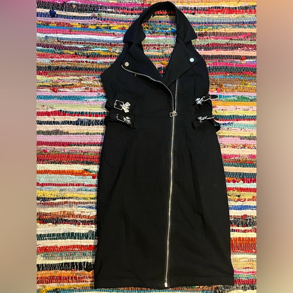 Killstar black Moto halter dress with silver hardware and bats
